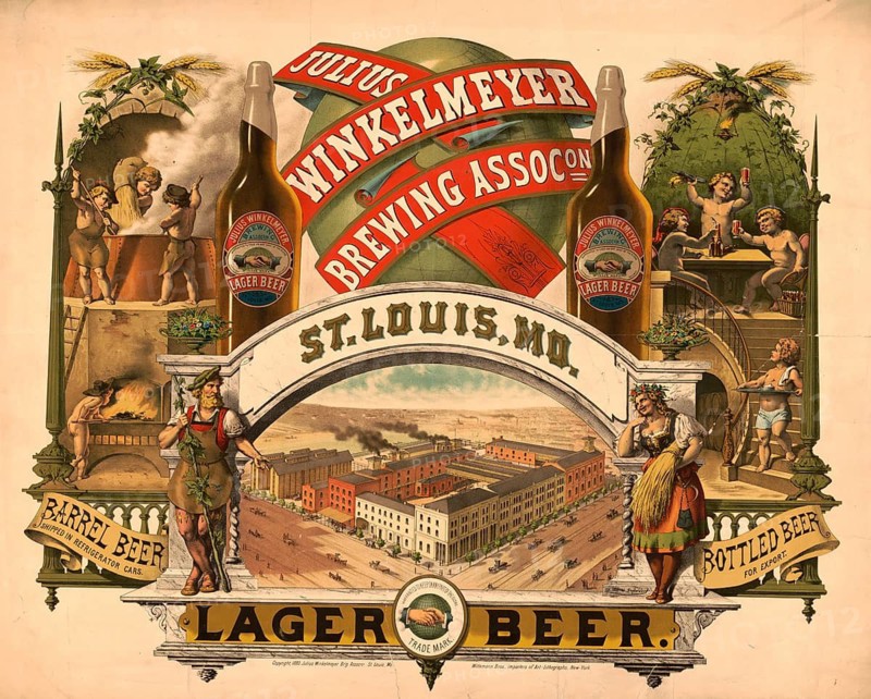 Advertising poster, beverage advertisement, This is a historic advertising poster for Julius Winkelmeyer lager from St. Louis, MO, designed around 1880. The image shows detailed illustrations of the brewery facilities, lively scenes with people drinking beer and two large beer bottles, authentic reproduction of a historical advertising poster, advertising sign, in high resolution