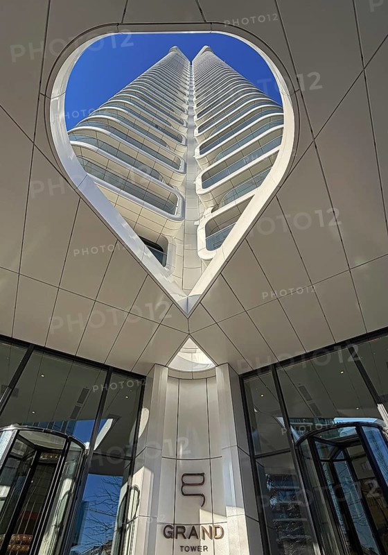 Heart-shaped view of the Grand Tower, first residential high-rise in Germany, Europaviertel, Frankfurt am Main, Hesse, Germany