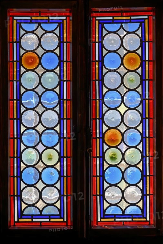 Stained glass windows in Our Lady of the Rocks Museum, Bay of Kotor, Montenegro