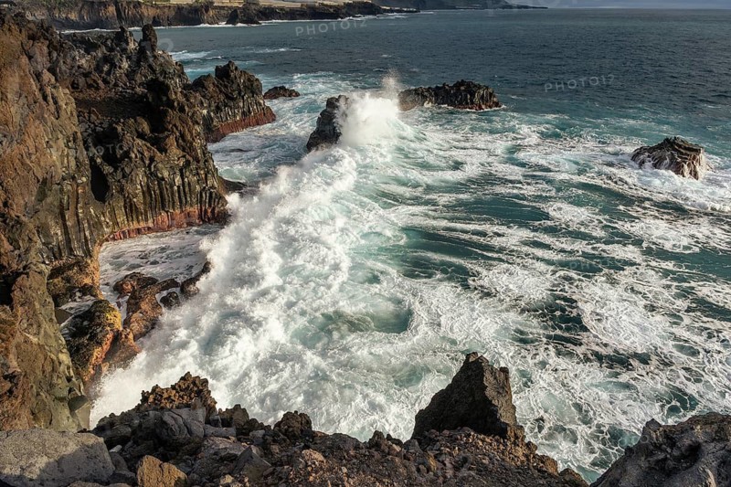 Sea, lava rocks and coast at Playa Charco Verde. La Palma, Canary Islands, Spain