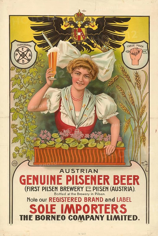 Advertising poster, beverage advertisement, advertising poster for Austrian Genuine Pilsener Beer, designed by Theodor Zasche between 1910 and 1914. A young woman in traditional clothing holding a glass of golden Pilsner beer, The poster promotes beer brewed in Pilsen and imported by The Borneo Company Limited, authentic reproduction of a historical advertising poster, advertising sign, in high resolution