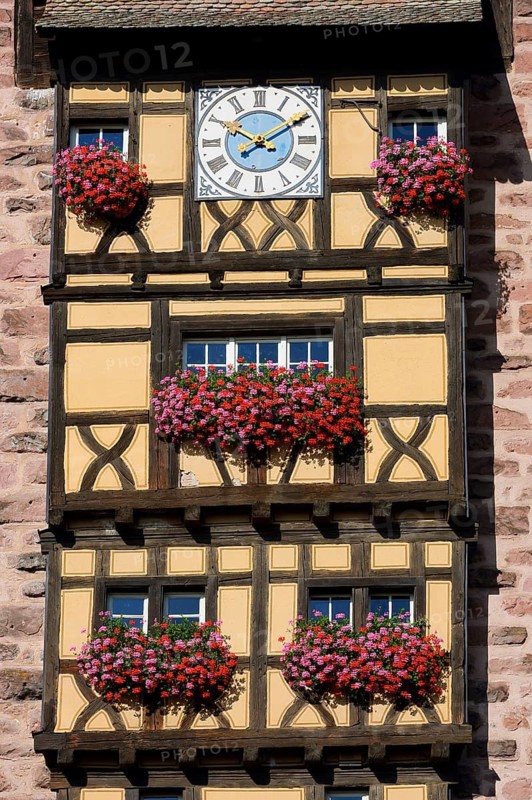 Façade of the Dolder gate tower, Rue du General de Gaulle, Riquewihr, Haut-Rhin, Alsace, Grand Est, France