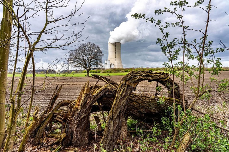 The UNIPER Datteln 4 coal-fired power plant, power plant block and cooling tower, fields, old trees, Datteln, North Rhine-Westphalia, Germany