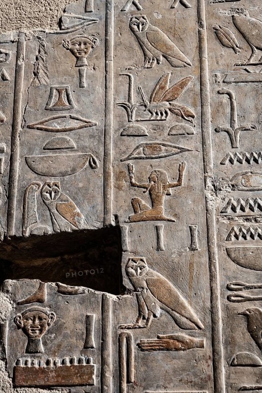 A closeup detail shot of stone carvings of Egyptian hieroglyphs in the Temple of Hatshepsut, Luxor. Egypt