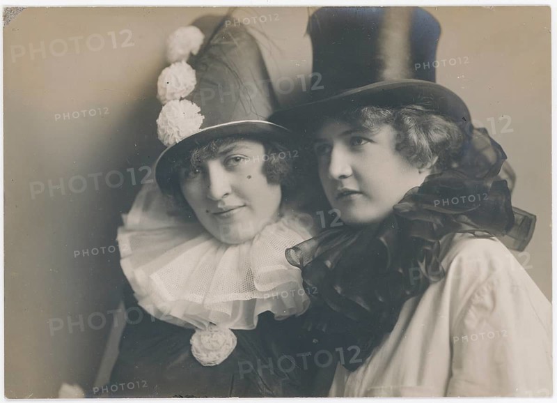 Mardi Gras, Women with Top Ties and Pierrot Hat, Two Women in Chic Costumes and Hats in a Friendly Pose, 1929