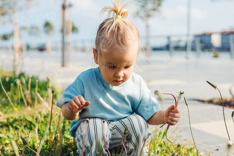Young child girl with blonde hair sits on the grass in a park, carefully examining plants and holding green stems. Bright sunlight casts shadows on the surroundings creating a peaceful atmosphere