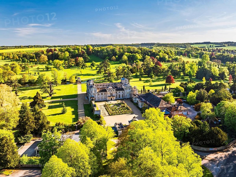 Wilton House from a drone, Wilton, River Nadder, Salisbury, Wiltshire, England, United Kingdom