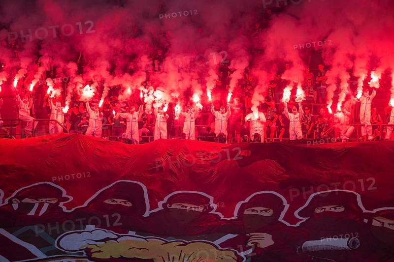 WROCLAW, POLAND - AUGUST 2, 2026: Polish football Top League match between Slask Wroclaw VS Rakow Czestochowa. Supporters of Slask burn flares