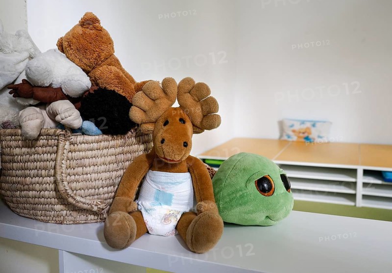 Cuddly toys in a daycare center, elk with diaper, Berlin, 11.08.2026, Germany
