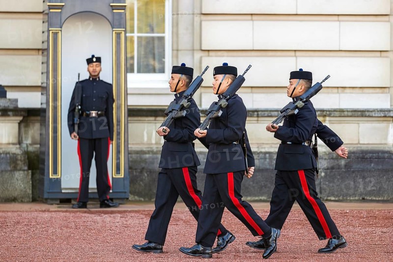 Queen's Gurkha Signals, marching, changing the guard, at Buckingham Palace, London, United Kingdom