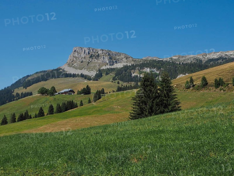 A picturesque karst mountain landscape with a small house and wide, green meadows under clear skies, UNESCO Entlebuch Biosphere, Switzerland