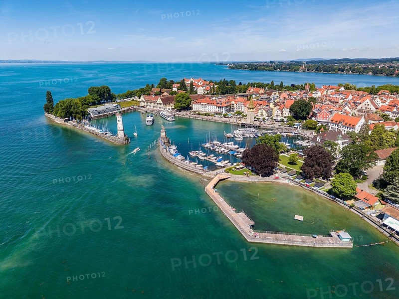 Aerial view of Lindau island in Lake Constance with the lighthouse and the Bavarian lions at the harbor entrance, Swabia, Bavaria, Germany