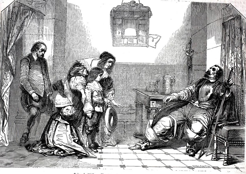 Henriette de France, the historical scene in which Henrietta Maria of France, the woman of the executed English King Charles I, tries to gain support for her family during the English Civil War. The kneeling woman is Henrietta Maria. The children are their royal descendants, including the future King Charles II of England, who audition reverently in front of a powerful prince or military commander, illustration, reproduction from a 19th-century model. Authentic, file restored for optimal use, exact date of submission unknown, historical