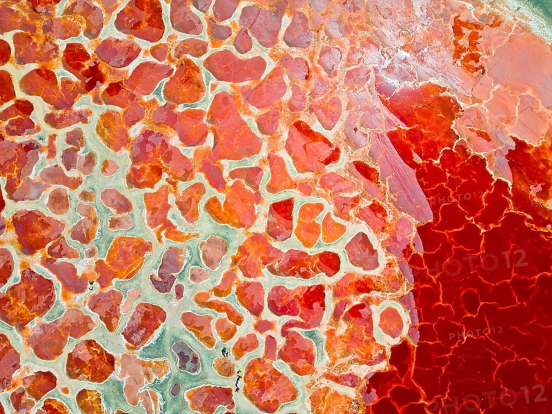 Aerial view of Ulan Lake, Red Lake, caused by microorganisms and algae such as Dunaliella salina, which produce the pigment beta-carotene to protect themselves from strong UV radiation, people standing on the partially dried-up salt lake Ulan Lake in the Tengger Desert, part of the Gobi Desert known as the ‘Red Heart of the Earth', Inner Mongolia, China