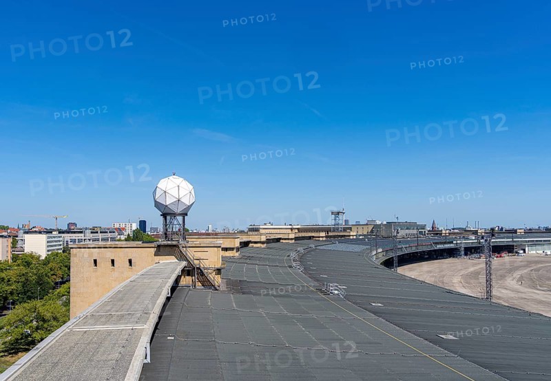View from the viewing platform of the striking radar dome (radome) on the roof of the former Tempelhof Airport, a geodesic dome made up of triangular segments, Berlin, Germany