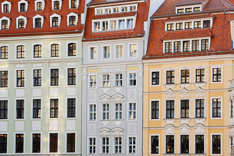 Historic facades, Haus zum Schwan, Haus zur Glocke and Haus Rampische Strasse 1, Quartier I, Neumarkt, Dresden, Saxony, Germany