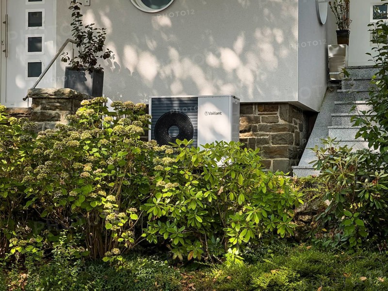 A heat pump in the front yard of a single-family house in Wuppertal, Germany