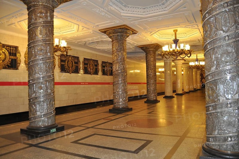 Elegant subway platform with magnificent columns and detailed architecture, metro, Saint Petersburg, St. Petersburg, Russia