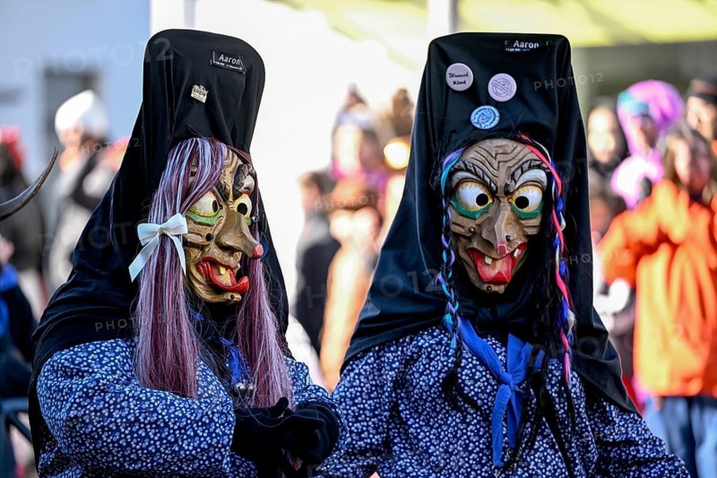 Members of a fools' guild in traditional Haes, fools' clothes, during the carnival procession in Achern, Ortenaukreis, Baden-Württemberg, Germany