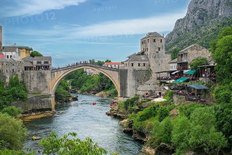 The Stari Most, or Mostar Bridge, a UNESCO World Heritage site in Mostar, Bosnia and Herzevogina. Destroyed during the Balkan War, it was reconstructed in 2004 using the original stone, salvaged from the Neretva River