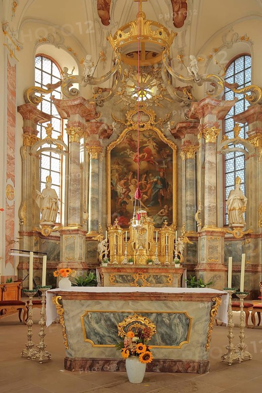 High altar by Antoni Fuchs 1772 with painting by Baroque painter Johann Pfunner, martyrdom by Apostle Bartholomew, handicrafts, magnificent Baroque St. Bartholomew Church, Ettenheim, Ortenau, Baden-Württemberg, Germany