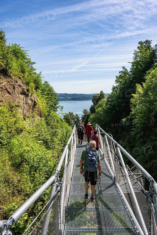 The panoramic jetty of the Marienschlucht, which was opened in 2026 and is accessible to tourism. The new tourist attraction on Lake Constance, consisting of a steel structure weighing a total of 90 tons, runs down to the lakeside with over 280 steps, Langenrain, Allensbach, the district of Constance, Baden-Württemberg, Germany
