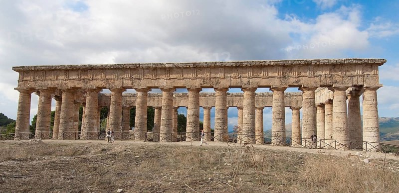 Unfinished temple of Segesta Antica without cella closed interior built around 430 BC in Greek Doric style by the then local people Elymer, 2023 filming location of scenes in the film Indiana Jones and the Wheel of Destiny with Harrison Ford, Segesta Antica, Calatafimi Segesta, Sicily, Italy