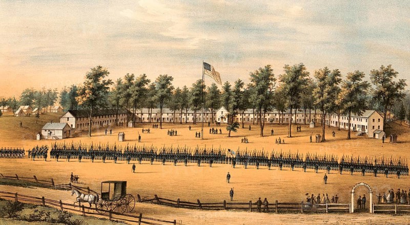 Belger Barracks, also known as Camp Belger, in Baltimore, Maryland, during the American Civil War, 1962, authentic, digitally restored high resolution reproduction from a 19th-century model, exact date of depiction unknown, American history, historical