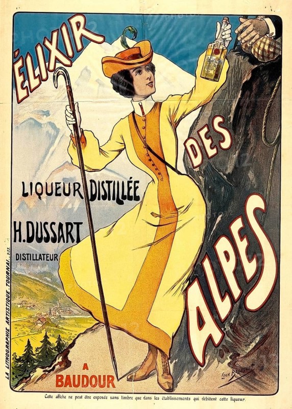 Advertising poster, beverage advertisement, advertising poster by Léon Rignon from the period around 1900 to 1910 promotes Elixir des Alpes, a distilled spirit from H. Dussart. The art nouveau scene shows an elegant woman with a hiking stick presenting a bottle of liquor in front of an alpine landscape, authentic reproduction of a historical advertising poster, advertising sign, in high resolution