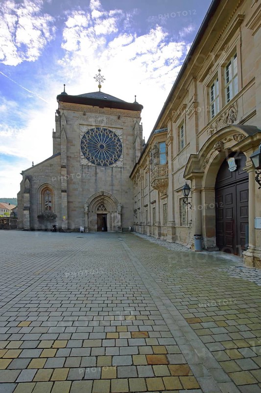 Early Gothic monastery church with rosette, former Cistercian abbey, monastery, Ebrach, Steigerwald, Lower Franconia, Franconia, Bavaria, Germany