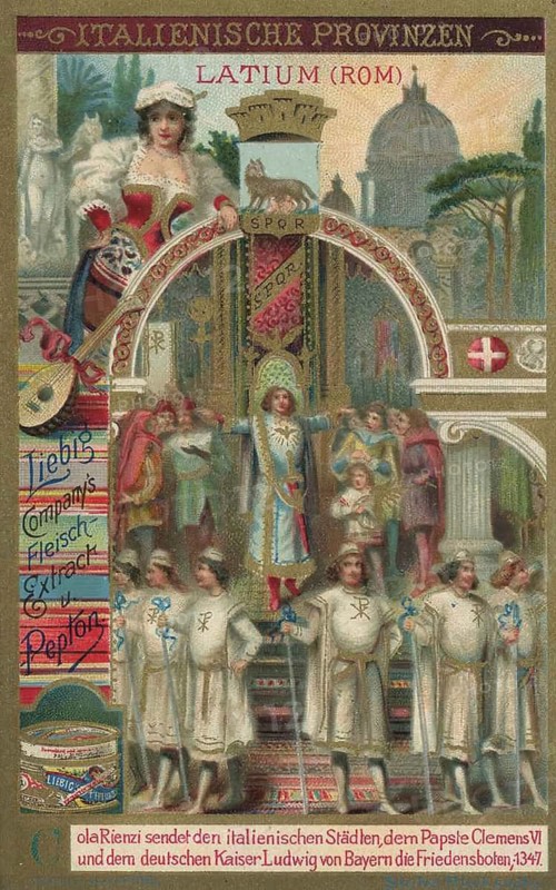 Picture series Italian provinces, illustrated Cola di Rienzi, who sends messengers of peace to Italian cities in 1347, Pope Clement VI and Emperor Ludwig of Bavaria, favorite picture, digitally restored reproduction of a collector's painting from around 1900, exact date unknown