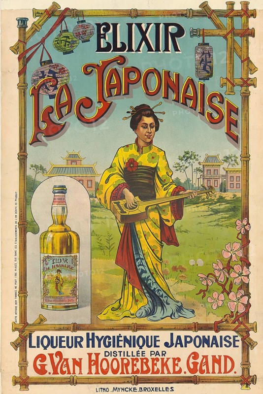 Advertising poster, beverage advertisement, advertising poster from the period around 1895—1905 promotes the Elixir La Japonaise, a herbal liqueur from the G. Van Hoorebeke distillery in Ghent, Belgium. The design is in the Art Nouveau style and shows a woman in a kimono holding a Japanese stringed instrument, reflecting the oriental trend of the time, authentic reproduction of a historical advertising poster, advertising poster, image, in high resolution