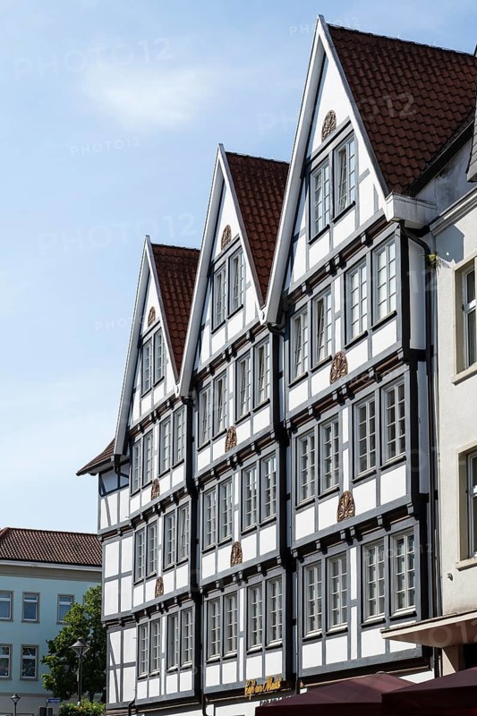 Several historic gabled houses side by side, half-timbered houses, pedestrian zone, Brüderstraße, Soest, Westphalia, North Rhine-Westphalia, Germany