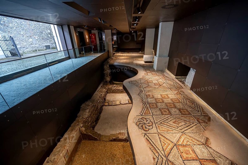 Floor mosaics with geometric patterns, mosaic floors from different periods one above the other, Domus and Palazzo Episcopale, Ancient Roman House and episcopal palace, UNESCO World Heritage Site, Aquileia, Friuli, Italy