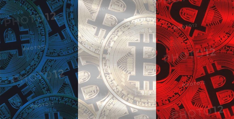 French flag with Bitcoins in the background. Bitcoin cryptocurrency with France flag, Investors in Blockchain Technology