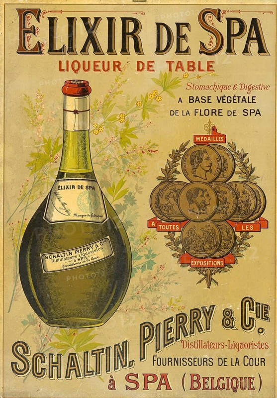 Advertising poster, drinks advertisement, an advertising poster by V. Palyart & Cie of Brussels promoting Elixir de Spa, a Belgian herbal liqueur. The liqueur was originally distilled in the 17th century by Capuchin monks in the Spa region, in front of Schaltin, Pierry & Cie took over production in 1858. The product was marketed as a plant-based digestive liqueur (digestif) to aid digestion and was made from over 40 herbs, an authentic reproduction of a historical advertising poster, advertising sign, in high resolution