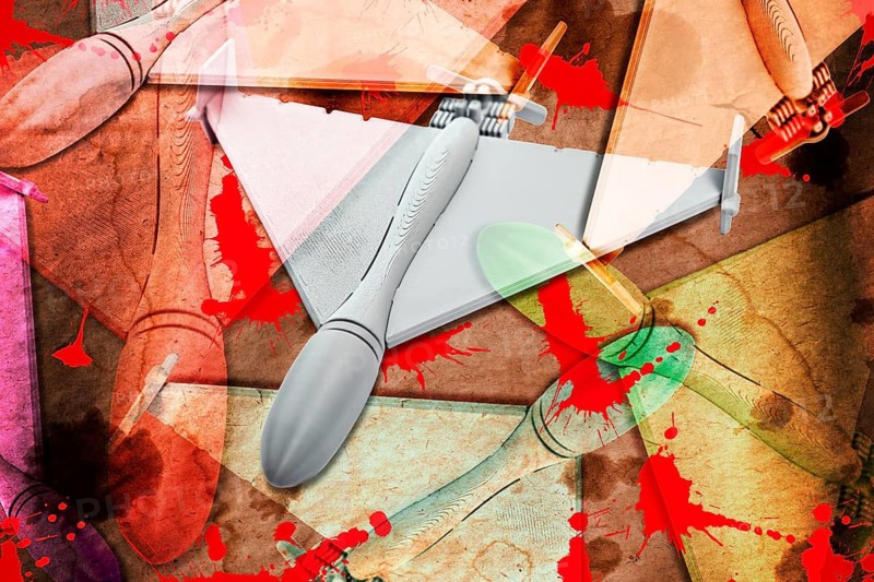 Miniature models of an Iranian drone Shahed 136, symbol photo drone war, photo montage +++ editorial use only