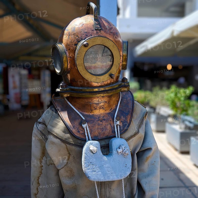 Antique diving suit with copper helmet in an exhibition, Pothia, main town, port, Kalymnos, Sponge Diving Island, Dodecanese, Greek Islands, Greece