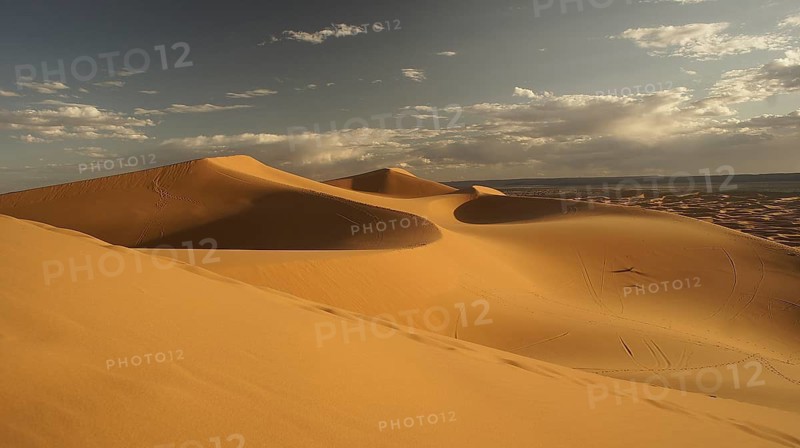 Majestic sand dunes under a golden, cloudy sky in the desert, Merzouga, Erg Chebbi, Morocco