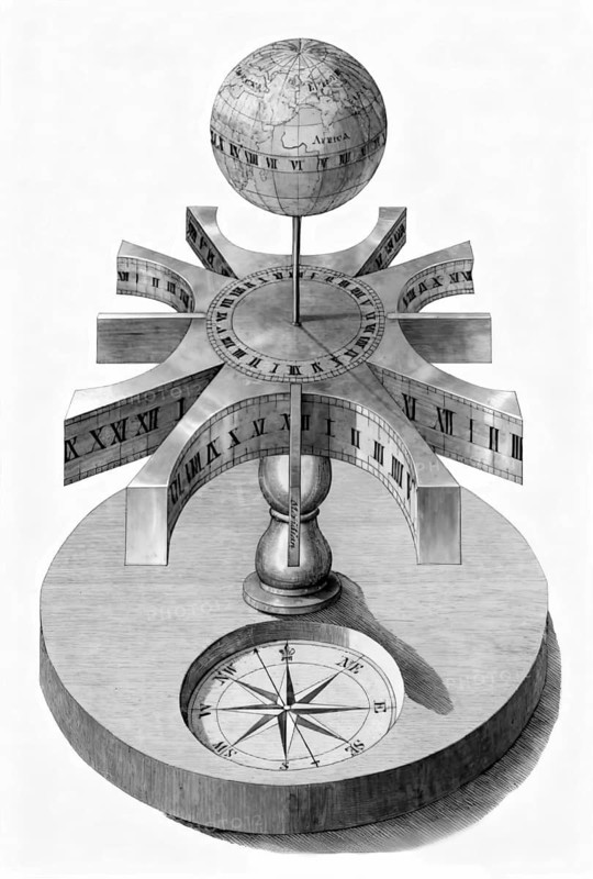A portable universal sundial with an integrated globe and compass, attributed to James Ferguson, 19th century, digitally edited based on a historical illustration