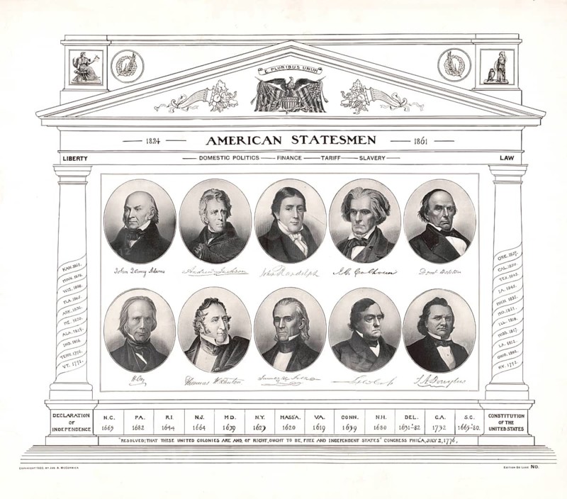 American Statesmen 1824—1861 shows a lithograph of important American statesmen of this period in neoclassical column and architectural layout.People depicted: The portraits depict prominent US politicians such as John Quincy Adams, Andrew Jackson, John Randolph, John C. Calhoun, Daniel Webster, Henry Clay, Thomas H. Benton, James A. Bayard, George M. Dallas and Stephen A. Douglas. Thematic classification: The pillars and inscriptions divide the presentation into areas such as freedom, financial policy, tariffs, slavery and law, as well as important historical data of the US states, American history, authentic, digitally restored reproduction from a 19th century original, exact date of presentation unknown, historical