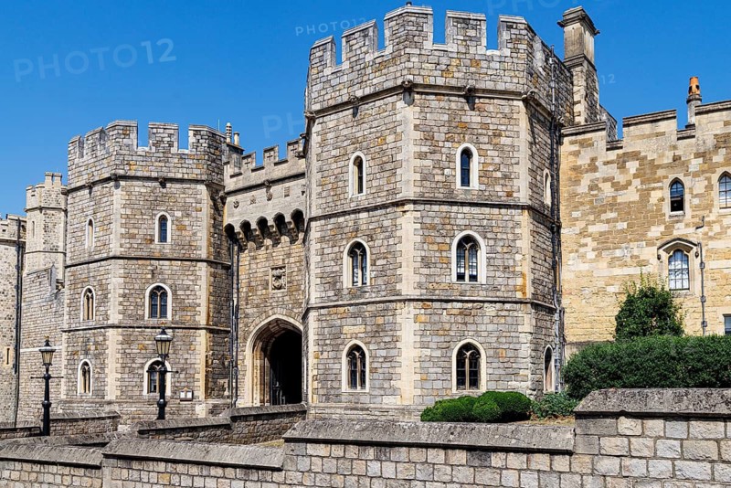 The twin drum towers of the King Henry VIII Gate form the principal public entrance into Windsor Castle's Lower Ward, built during the Tudor period as part of extensive improvements to the medieval fortress and royal residence, Windsor, England, United Kingdom