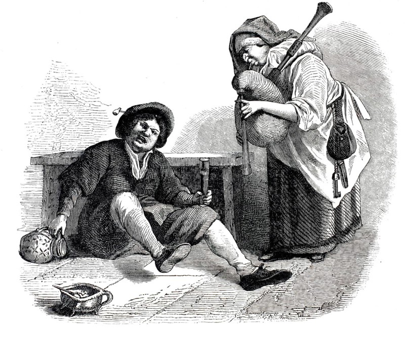 Woman in traditional rural traditional costume with a headdress holding a large bagpipe in her arms and playing. A man sitting on the ground, possibly drunk, with a pitcher, 1860, France, authentic, high-resolution reproduction from a 19th century model, exact date of depiction unknown, historical