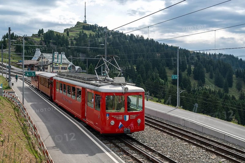 Vitznau Rigi Railway historic railcar 1965 with Rigi Kulm in the background, Rigi Staffel, Arth, Switzerland