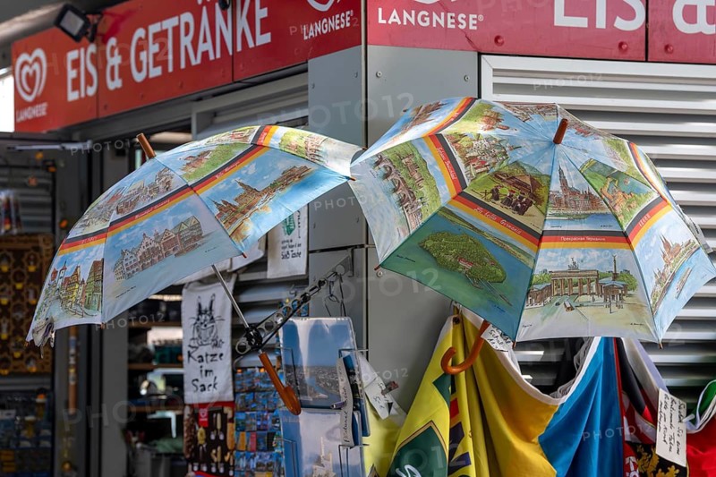 Parasol, sunshade, souvenir, with motifs of German sights, Koblenz, Rhineland-Palatinate, Germany