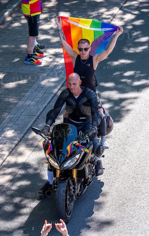 The Dykes on Bikes Rhein-Weser, a lesbian motorcycle club, at Ruhrpride in Essen, CSD, largest queer street festival in the Ruhr area, demonstration with around 4000 participants and subsequent street festival in the city with around 12, 000 people, North Rhine-Westphalia, Germany
