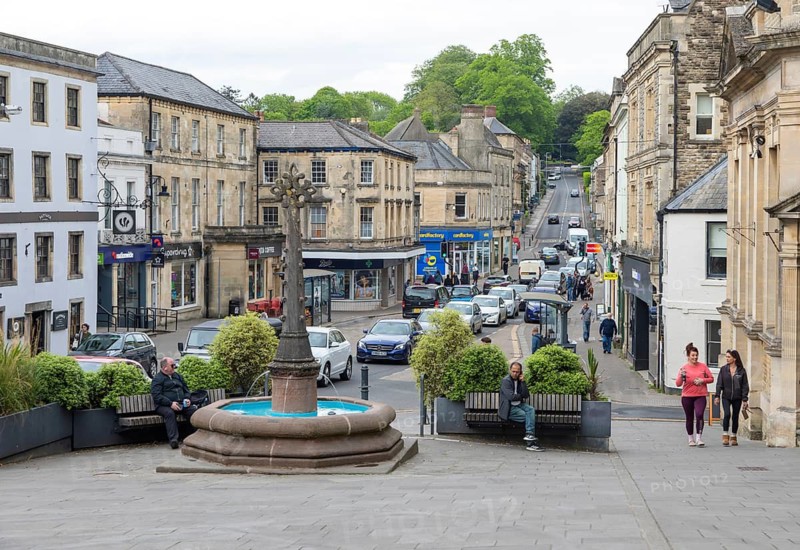 Traffic congestion line of vehicles in town centre, Market Place, Frome, Somerset, England, UK