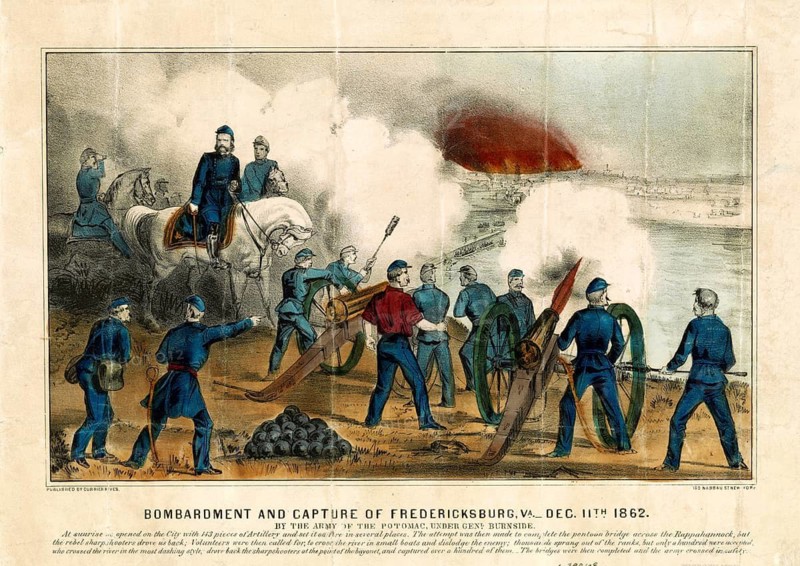 Illustration shows the beginning of the Battle of Fredericksburg on December 11, 1862, during which Union troops crossed the Rappahannock River and bombed the city. Union artillery and soldiers from the Potomac Army firing cannons as well as General Burnside on horseback in the foreground of the action, authentic, digitally restored reproduction in high resolution from a 19th century original, exact date of presentation unknown, American history, historical