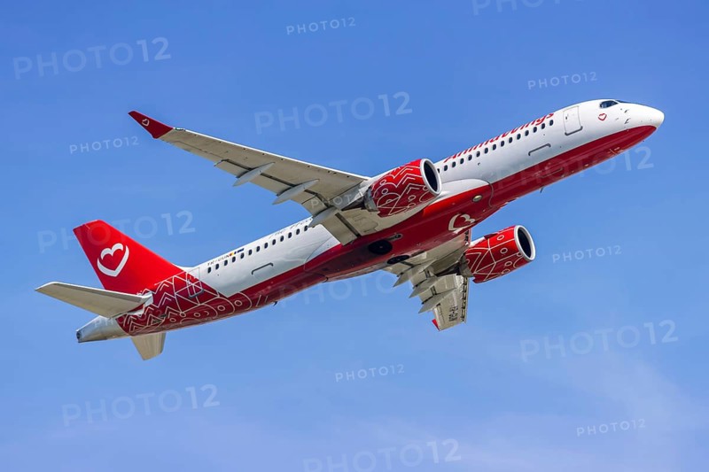 An Animawings Airbus A220-300 aircraft with the YR-GUN license plate at Munich Airport, Germany