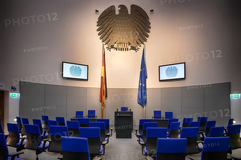 Interior view, replica German Bundestag, Parliament, Federal Eagle, seats, Parliamentary History Exhibition German Bundestag, German Cathedral, Gendarmenmarkt, Mitte District, Berlin, Germany